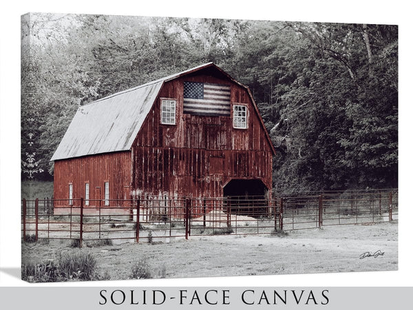 Debra Gail Fine Art WINTER RED BARN LANDSCAPE WITH AMERICAN FLAG