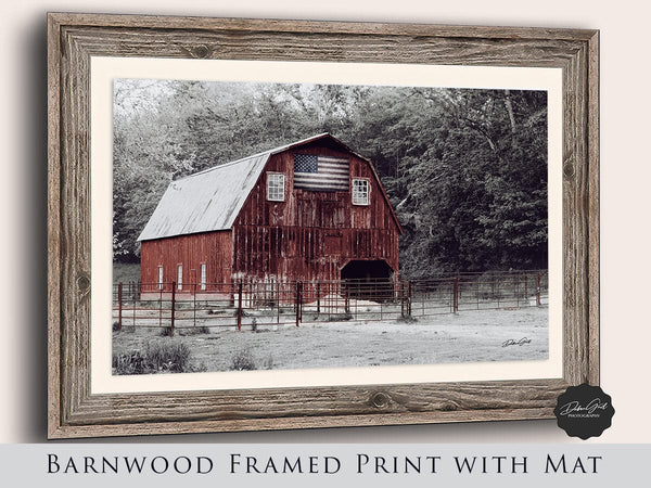 Debra Gail Fine Art WINTER RED BARN LANDSCAPE WITH AMERICAN FLAG