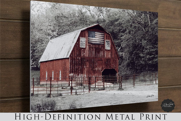 Debra Gail Fine Art WINTER RED BARN LANDSCAPE WITH AMERICAN FLAG