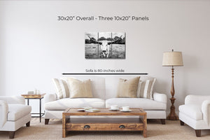 Longhorn triptych wall art – XL rustic farmhouse split canvas fine art print by Debra Gail Fine Art