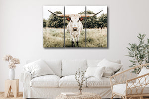 Longhorn cow split canvas wall art – XL rustic Western triptych cattle ranch decor