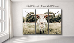 Longhorn cow split canvas wall art – XL rustic Western triptych cattle ranch decor