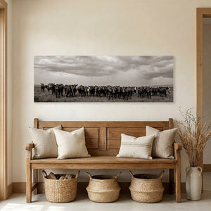 Black Angus Photography in Sepia | Panoramic Wide Cattle Canvas - Rustic Decor