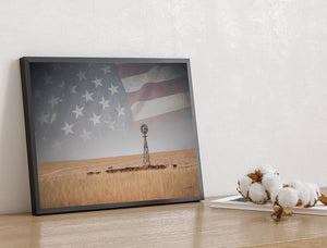 American Flag Wall Art | Patriotic Prairie Windmill Western Landscape Decor