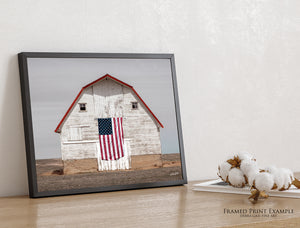 Patriotic Barn Wall Art | White Barn American Flag Farmhouse Canvas Print