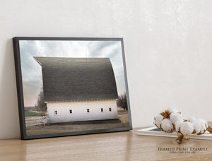 White Gambrel Barn Wall Art | Farmhouse Landscape Print - Old Farm Scene