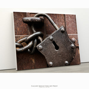 Rustic Vintage Padlock Wall Art – Industrial Farmhouse Metal Texture Photography – Western Ranch Decor