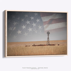 American Prairie Windmill Wall Art – Western Landscape with Subtle Flag Overlay – Rustic Ranch Decor – Fine Art Photography Print or Canvas