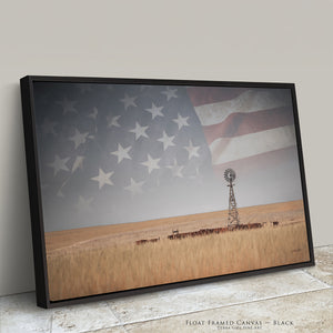 American Prairie Windmill Wall Art – Western Landscape with Subtle Flag Overlay – Rustic Ranch Decor – Fine Art Photography Print or Canvas