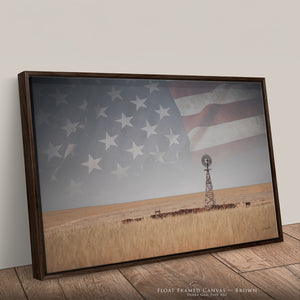 American Prairie Windmill Wall Art – Western Landscape with Subtle Flag Overlay – Rustic Ranch Decor – Fine Art Photography Print or Canvas