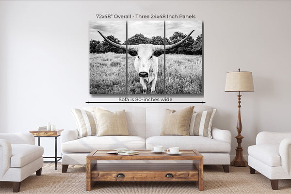 Longhorn Cow Triptych Canvas Art - Black and White Farmhouse Decor