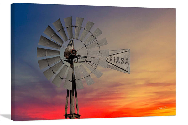 Rustic Windmill at Sunset Canvas Print - Vintage Farmhouse Wall Art, Farmhouse wall art decor, rustic dining room or living room canvas picture, Kansas photography by Debra Gail