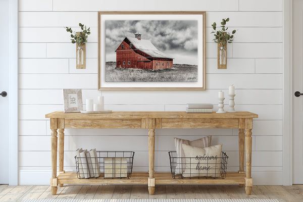 Farmhouse entryway decor, Old red barn art, Kansas barn photography print, old wooden barn picture, large western office decor print or canvas wrap by Debra Gail