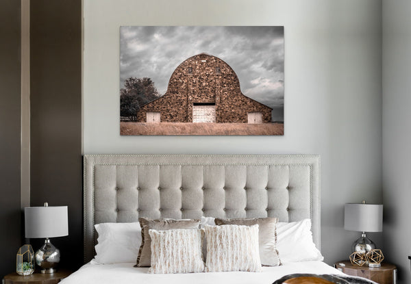 Rustic dining room or office decor, old stone barn picture, rustic farmhouse decor canvas wrap, vintage barn print