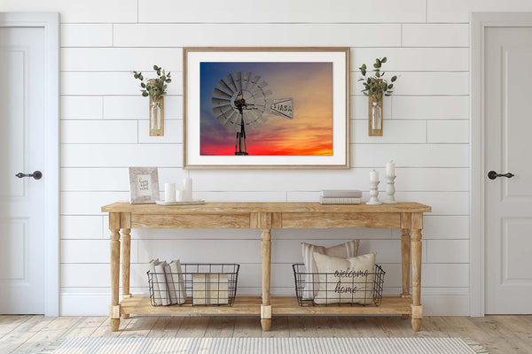 Entryway decor ideas, Rustic Windmill at Sunset Canvas Print - Vintage Farmhouse Wall Art, Farmhouse wall art decor, rustic dining room or living room canvas picture, Kansas photography by Debra Gail