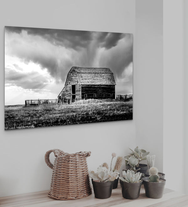 Black and white old barn wall art canvas print, framed, or wood. Kansas barn photography, rustic old wooden barn, living room, office western decor.