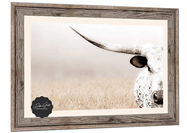 Barnwood framed print, Longhorn Cow Picture Canvas, Texas Longhorns Print, Western Decor Wall Art Austin, Cow Canvas Float Frame, Barnwood, Cowboy Style Metal.