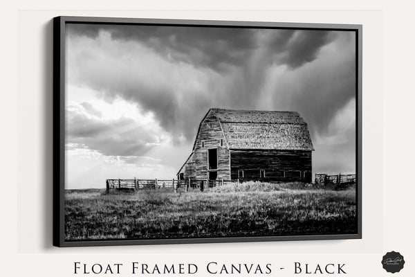 Framed canvas print, Black and white old barn wall art canvas print, framed, or wood. Kansas barn photography, rustic old wooden barn, living room, office western decor.
