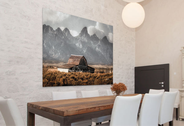 Old Barn Wall Art with Mountain Background