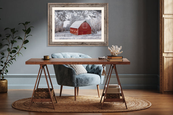 Farmhouse kitchen wall art decor, old red barn canvas wrap, western decor picture of a barn.