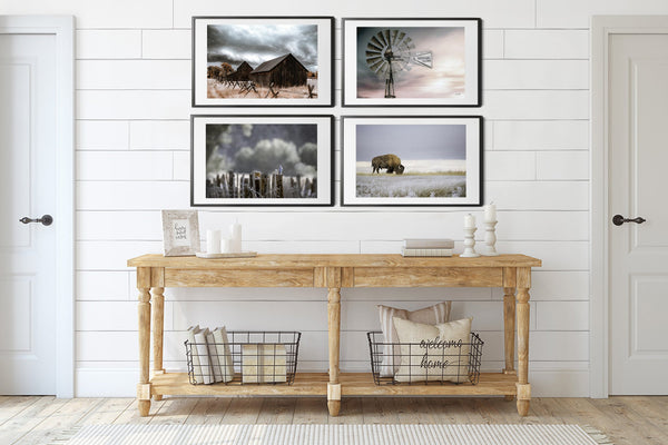 Highly Discounted Farmhouse Decor SET OF 4 PRINTS - From my original photography collection. Farmhouse Kitchen or Living Room Gallery Art Prints and Canvas. Bison, Windmill, Old Barn, Bluebirds Wall Art Set, Blue Color Lovers and Brown Tones
