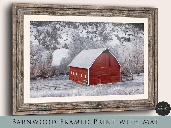Barnwood framed Farmhouse kitchen wall art decor, old red barn canvas wrap, western decor picture of a barn.