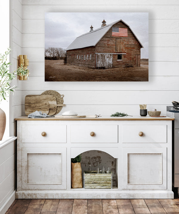 Patriotic American flag old barn wall art, rustic old red barn photo, Americana painting, USA flag barn wrapped canvas, western living room, living room decor, USA flag canvas art, large canvas art, patriotic wall art by Debra Gail.