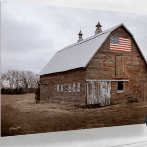 Patriotic American flag old barn wall art, rustic old red barn photo, Americana painting, USA flag barn wrapped canvas, western living room, living room decor, USA flag canvas art, large canvas art, patriotic wall art by Debra Gail.