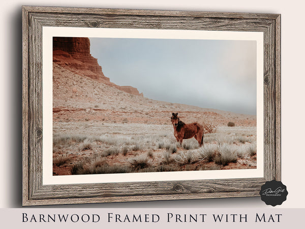 Barnwood framed, Southwestern decor wild horse wall art, Monument Valley print with horse, desert horse minimalist picture