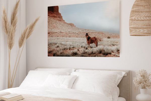 Southwestern decor wild horse wall art, Monument Valley print with horse, desert horse minimalist picture with reclaimed Barnwood frame