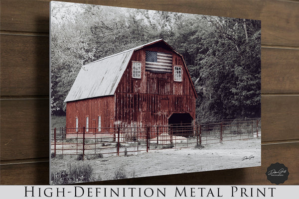 Patriotic Old Red Barn with American Flag
