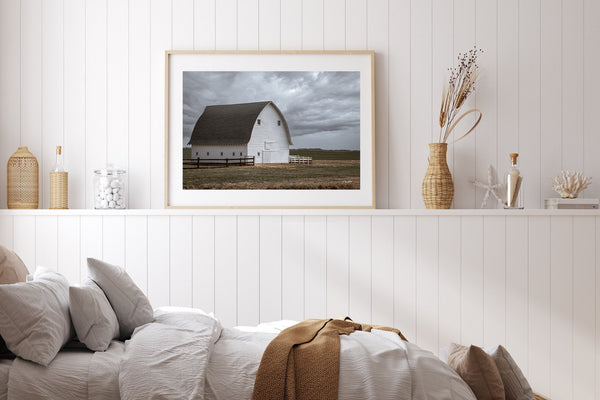 Farmhouse Decor, White Barn Landscape Print, Canvas, Metal, Barnwood Framed Wall Art, Blue, Grey, Rustic Home Decor Photograph of White Barn