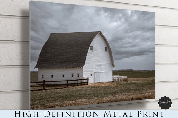 Metal Print, Farmhouse Decor, White Barn Landscape Print, Canvas, Metal, Barnwood Framed Wall Art, Blue, Grey, Rustic Home Decor Photograph of White Barn