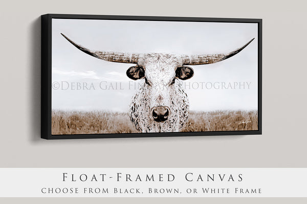 Longhorn Cow Print Picture, Simple Western Decor Wall Art by Debra Gail Fine Art, beautiful Neutral Farmhouse Style Tones. Framed canvas print, Texas Longhorns, extra-large