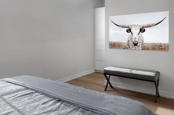 Longhorn Cow Print Picture, Simple Western Decor Wall Art by Debra Gail Fine Art, beautiful Neutral Farmhouse Style Tones. Bedroom wall art decor. Texas Longhorns, extra-large