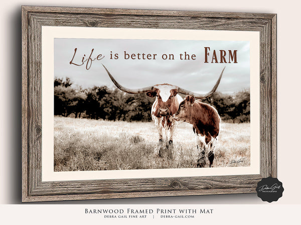 Farmhouse Sign, Life is Better on the Farm Longhorn Cow and Calf Picture