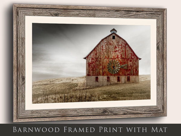 Barnwood framed, Old Red Barn with Windmill Canvas Wall Art or Print, Debra Gail Farmhouse Decor, Fine Art Rustic Weathered in a Storm, Old Barn Wall Art Canvas Wrap for Extra Large Living Room or Office Decor, Modern Farmhouse Decor, Gift for Her