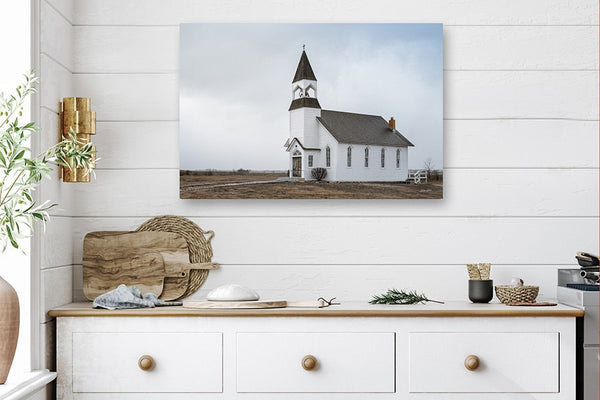Vintage Country Church Photo in Kansas Photography by Debra Gail Fine Art, Old White Church Canvas, Barnwood Framed, Metal, and Wood Prints, Rustic Farmhouse Decor Print Wall Art in Stormy Western Decor Sky in Modern Country Neutral Colors