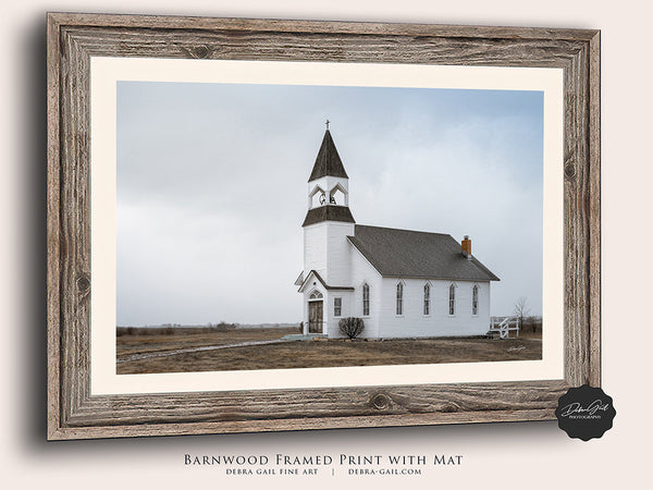 Barnwood Framed, Vintage Country Church Photo in Kansas Photography by Debra Gail Fine Art, Old White Church Canvas, Barnwood Framed, Metal, and Wood Prints, Rustic Farmhouse Decor Print Wall Art in Stormy Western Decor Sky in Modern Country Neutral Colors