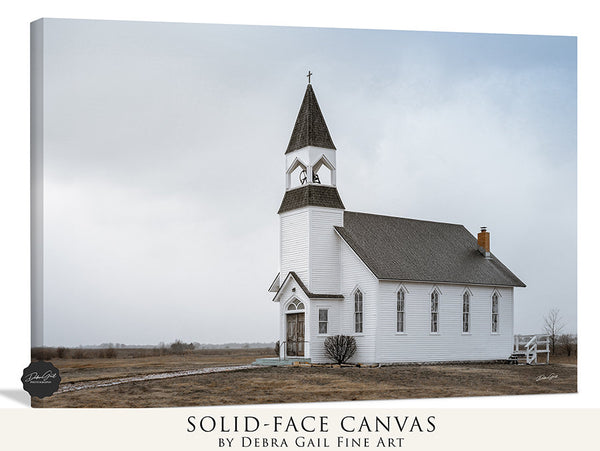 Vintage Country Church Photo in Kansas Photography by Debra Gail Fine Art, Old White Church Canvas, Barnwood Framed, Metal, and Wood Prints, Rustic Farmhouse Decor Print Wall Art in Stormy Western Decor Sky in Modern Country Neutral Colors
