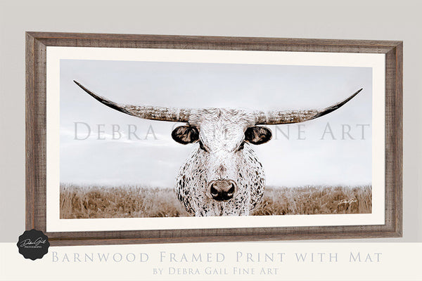 Longhorn Cow Print Picture, Simple Western Decor Wall Art by Debra Gail Fine Art, beautiful Neutral Farmhouse Style Tones. Texas Longhorns, extra-large barnwood framed print