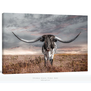 Large Texas Longhorn Cow Picture Canvas Wall Art, Western Living Room Decor, Modern Blue and Brown Colored Art, Extra Large Farmhouse Print