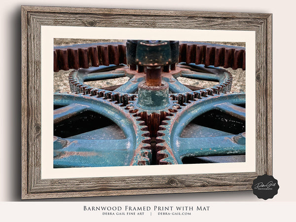 Barnwood framed, Teal Industrial Wall Art, Vintage Industrial Farm Gears, Quirky Wall Art Ideas, Living Room Artwork, Rusty Red, Blue, and Teal Industrial Style Gears, Rustic Patina Living Room Decor, Black and White Modern Farmhouse Art, Abstract Wall Decor