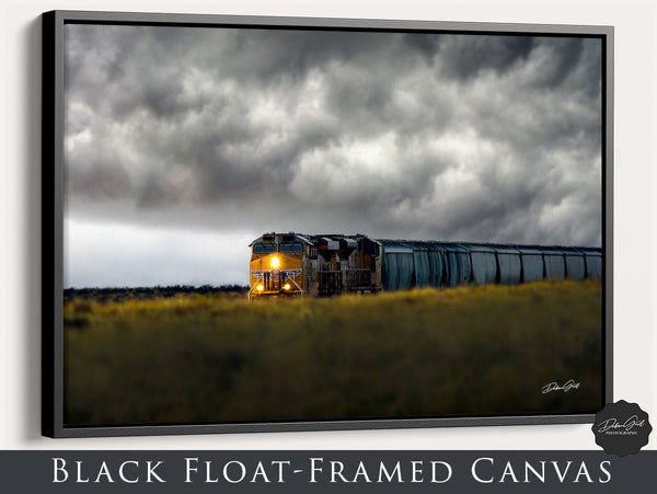 Framed canvas, Train Industrial Wall Art, Train on the Plains, Kansas Wall Art Photography, Railroad Living Room Artwork by Debra Gail