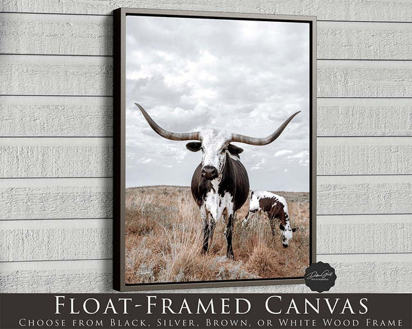 Beautiful Longhorn Cow and Calf Print with Neutral Farmhouse Tones
