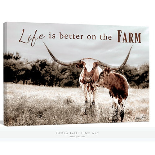 Farmhouse Sign, Life is Better on the Farm Longhorn Cow and Calf Picture