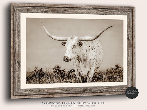 Barnwood framed, Longhorn Cow Picture Canvas Print, Texas Longhorns Cattle Art, Western Home Decor Neutral Colors, XL Cow Canvas Barnwood Frame