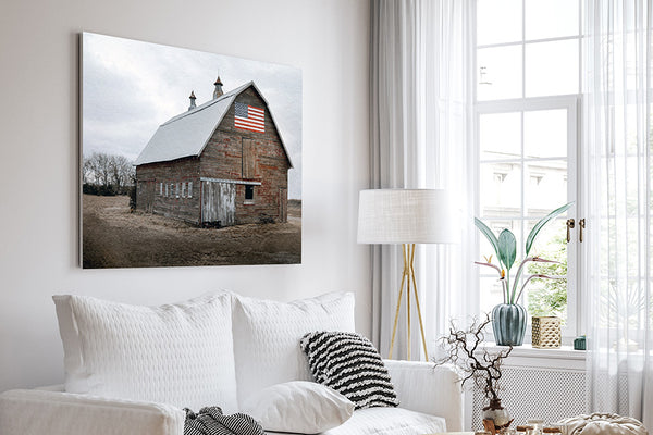 RED AMERICANA BARN PRINT WITH AMERICAN FLAG