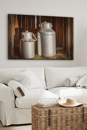 Vintage aluminum milk cans wall art – rustic farmhouse photography print by Debra Gail Fine Art