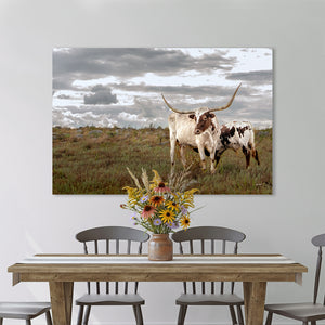 Longhorn Cow and Calf Canvas Wall Art | Texas Longhorn Rustic Western Decor Print